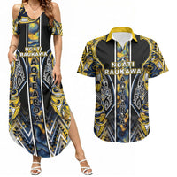 Aotearoa Ngati Raukawa Couples Matching Summer Maxi Dress and Hawaiian Shirt Maori Tribal Yellow And Navy Paua Shell Pattern DT05 Yellow - Polynesian Pride