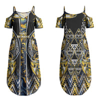 Aotearoa Ngati Raukawa Couples Matching Summer Maxi Dress and Hawaiian Shirt Maori Tribal Yellow And Navy Paua Shell Pattern DT05 - Polynesian Pride
