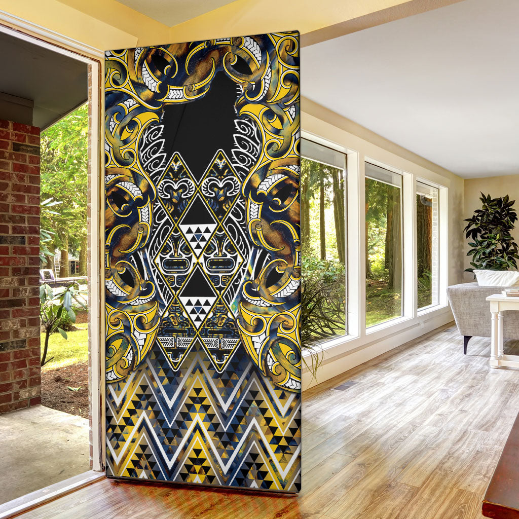 Aotearoa Ngati Raukawa Door Cover Maori Tribal Yellow And Navy Paua Shell Pattern DT05 - Polynesian Pride
