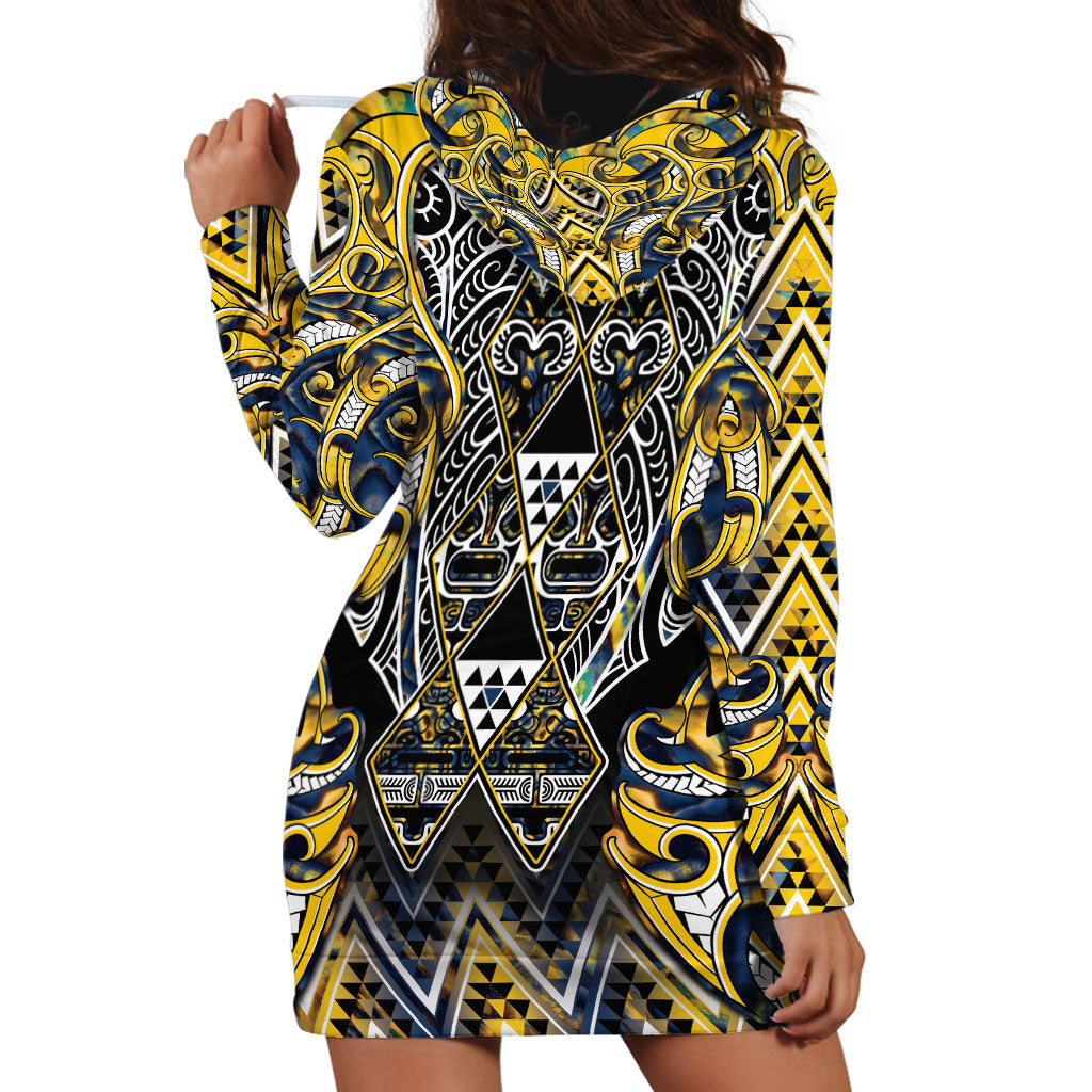 Aotearoa Ngati Raukawa Hoodie Dress Maori Tribal Yellow And Navy Paua Shell Pattern DT05 - Polynesian Pride