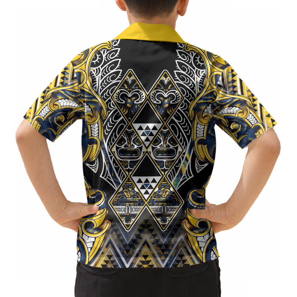 Aotearoa Ngati Raukawa Kid Hawaiian Shirt Maori Tribal Yellow And Navy Paua Shell Pattern DT05 - Polynesian Pride