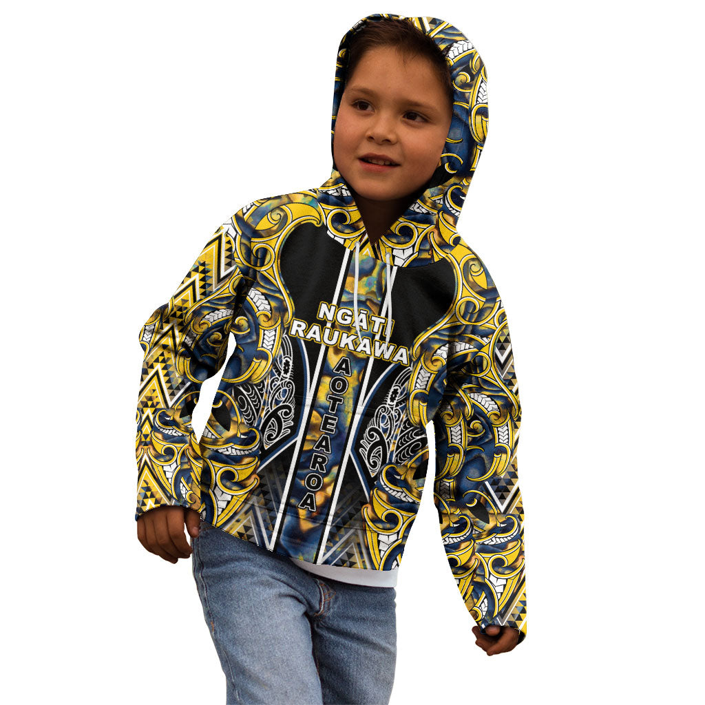 Aotearoa Ngati Raukawa Kid Hoodie Maori Tribal Yellow And Navy Paua Shell Pattern DT05 - Polynesian Pride