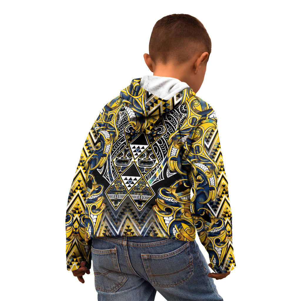 Aotearoa Ngati Raukawa Kid Hoodie Maori Tribal Yellow And Navy Paua Shell Pattern DT05 - Polynesian Pride