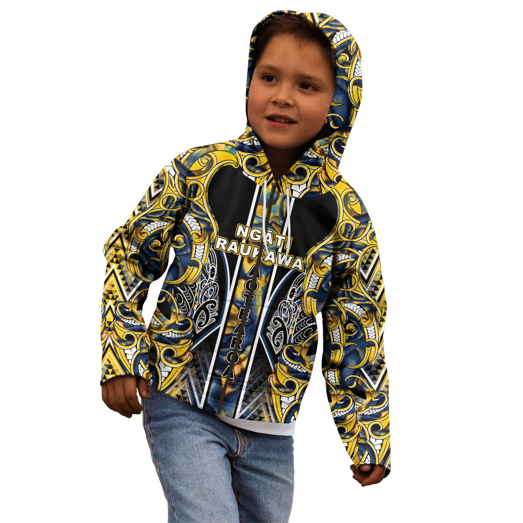 Aotearoa Ngati Raukawa Kid Hoodie Maori Tribal Yellow And Navy Paua Shell Pattern DT05 - Polynesian Pride