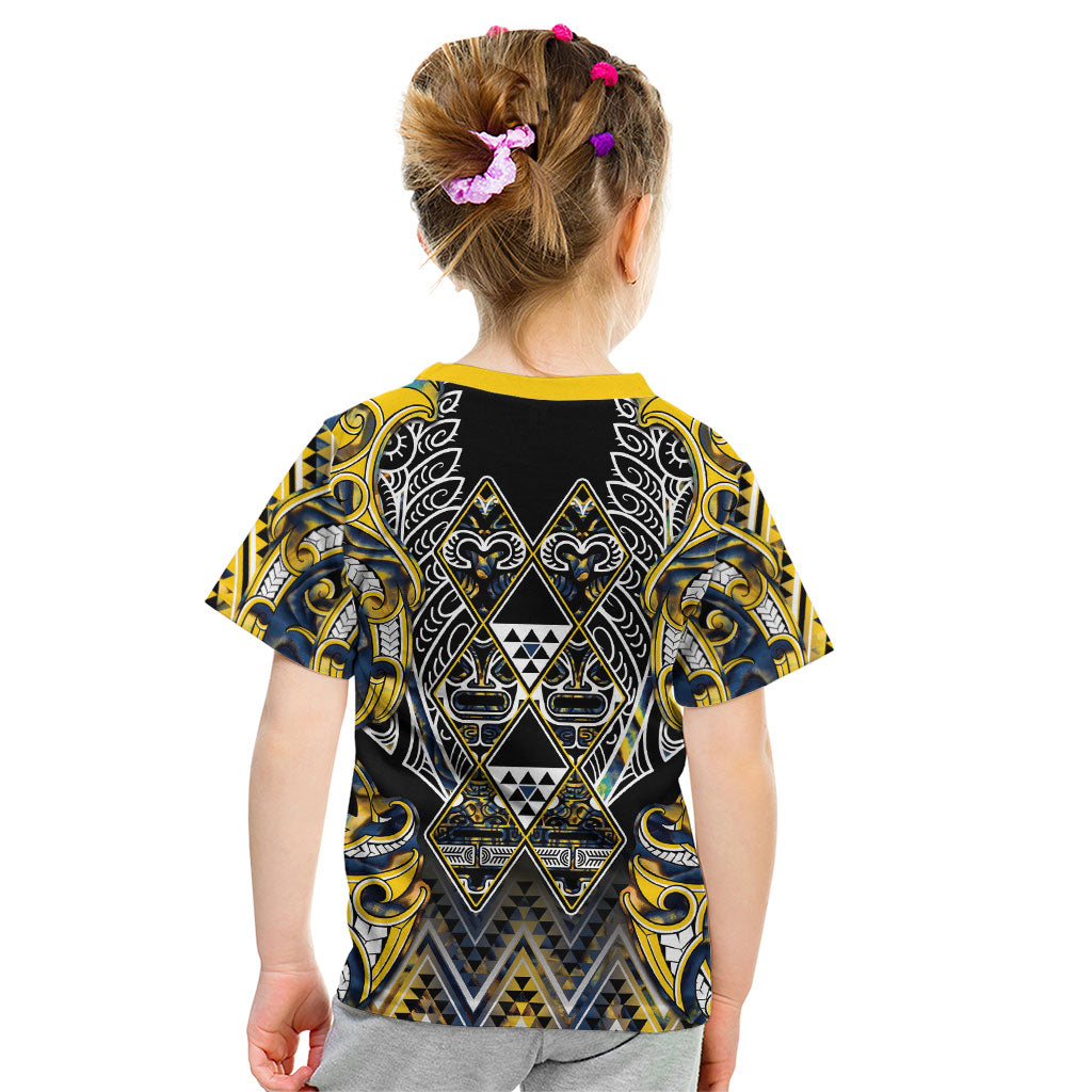 Aotearoa Ngati Raukawa Kid T Shirt Maori Tribal Yellow And Navy Paua Shell Pattern DT05 - Polynesian Pride