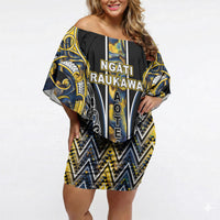 Aotearoa Ngati Raukawa Off Shoulder Short Dress Maori Tribal Yellow And Navy Paua Shell Pattern DT05 Women Yellow - Polynesian Pride
