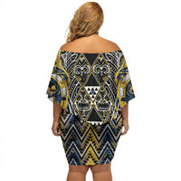 Aotearoa Ngati Raukawa Off Shoulder Short Dress Maori Tribal Yellow And Navy Paua Shell Pattern DT05 - Polynesian Pride