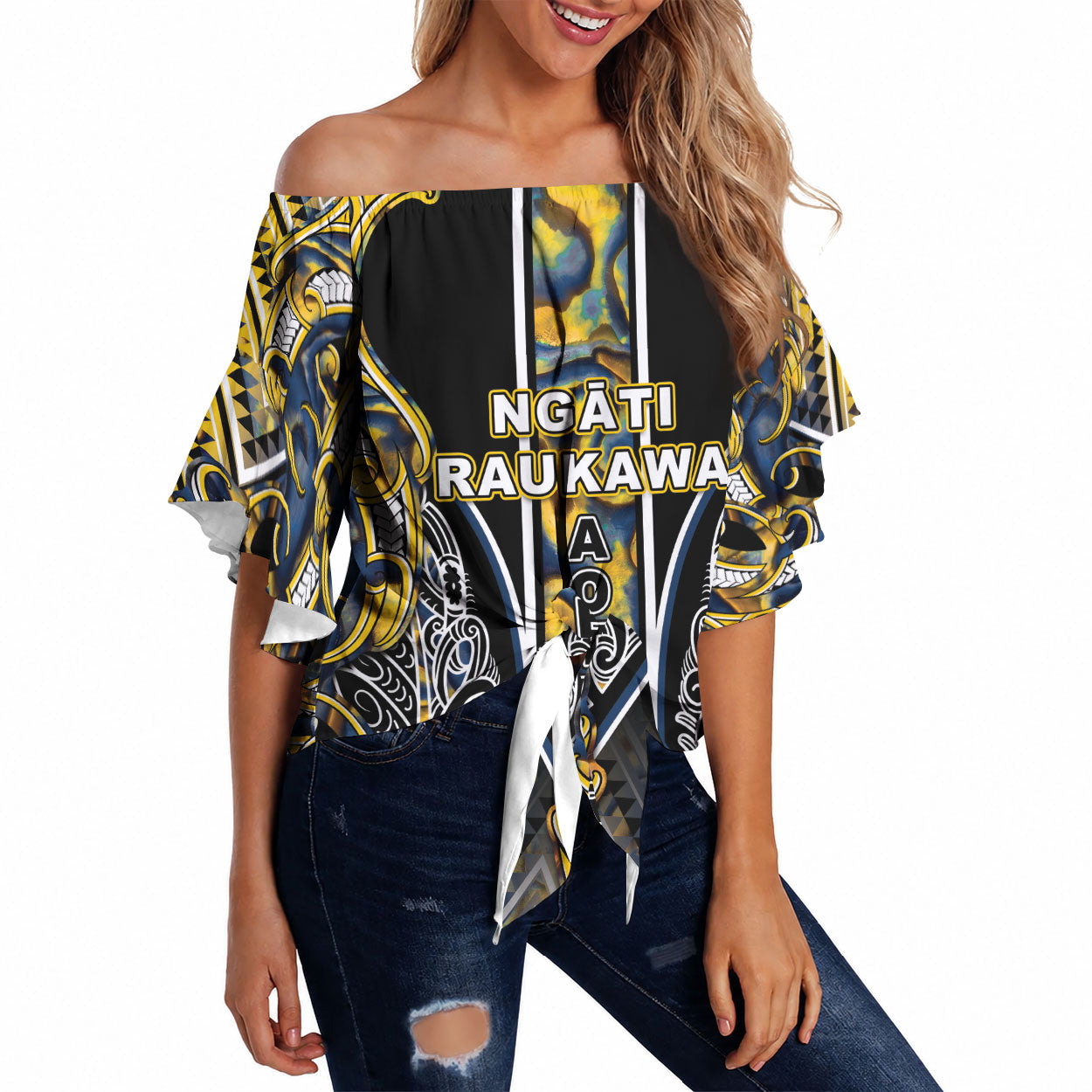 Aotearoa Ngati Raukawa Off Shoulder Wrap Waist Top Maori Tribal Yellow And Navy Paua Shell Pattern DT05 Yellow - Polynesian Pride