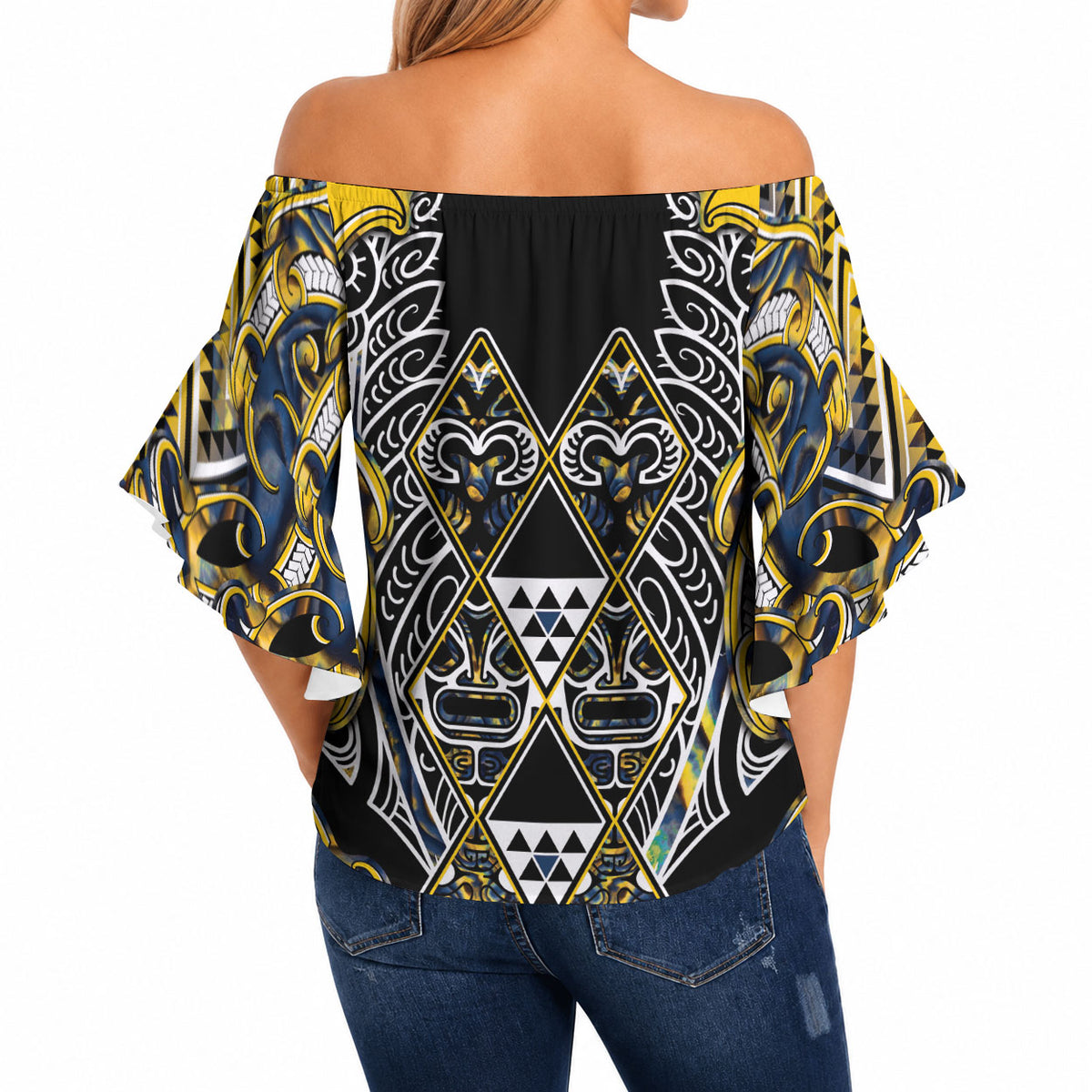 Aotearoa Ngati Raukawa Off Shoulder Wrap Waist Top Maori Tribal Yellow And Navy Paua Shell Pattern DT05 - Polynesian Pride