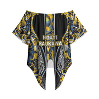 Aotearoa Ngati Raukawa Off Shoulder Wrap Waist Top Maori Tribal Yellow And Navy Paua Shell Pattern DT05 - Polynesian Pride