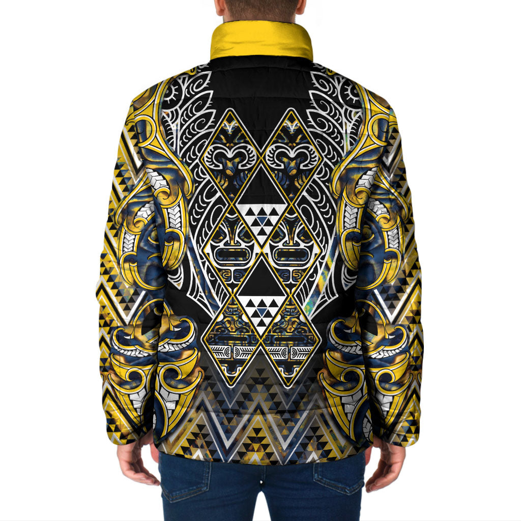 Aotearoa Ngati Raukawa Padded Jacket Maori Tribal Yellow And Navy Paua Shell Pattern DT05 - Polynesian Pride