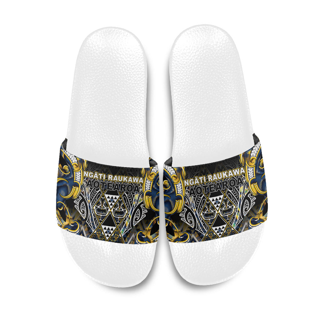 Aotearoa Ngati Raukawa Slide Sandals Maori Tribal Yellow And Navy Paua Shell Pattern DT05 Yellow - Polynesian Pride