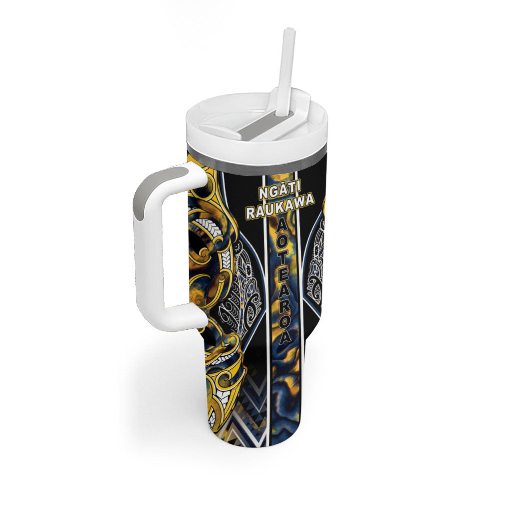 Aotearoa Ngati Raukawa Tumbler With Handle Maori Tribal Yellow And Navy Paua Shell Pattern DT05 - Polynesian Pride