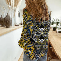 Aotearoa Ngati Raukawa Women Casual Shirt Maori Tribal Yellow And Navy Paua Shell Pattern DT05 - Polynesian Pride