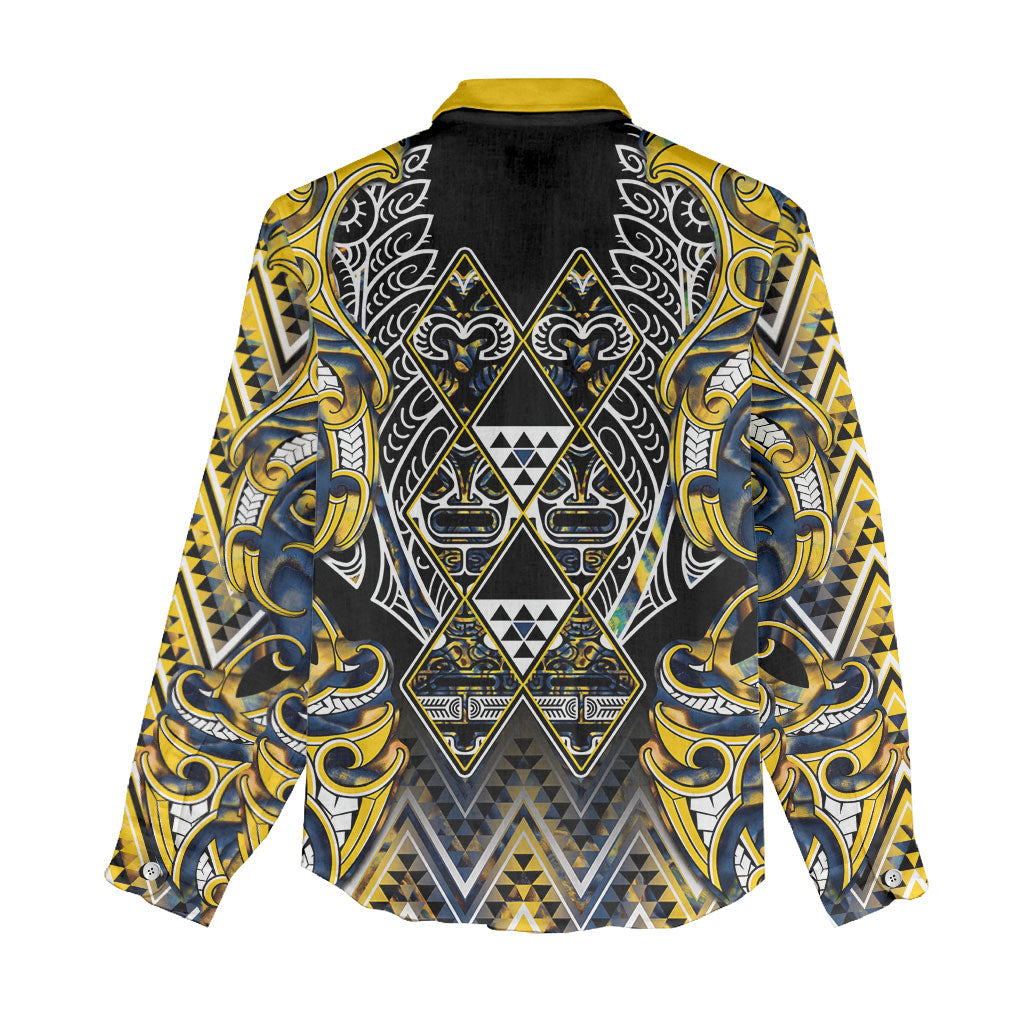 Aotearoa Ngati Raukawa Women Casual Shirt Maori Tribal Yellow And Navy Paua Shell Pattern DT05 - Polynesian Pride