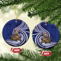 Samoa Christmas Ceramic Ornament Santa Riding Sea Turtle DT05 Circle Navy - Polynesian Pride