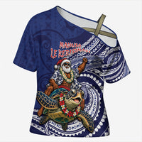 Samoa Christmas Cross Shoulder Shirt Santa Riding Sea Turtle DT05 Female Navy - Polynesian Pride
