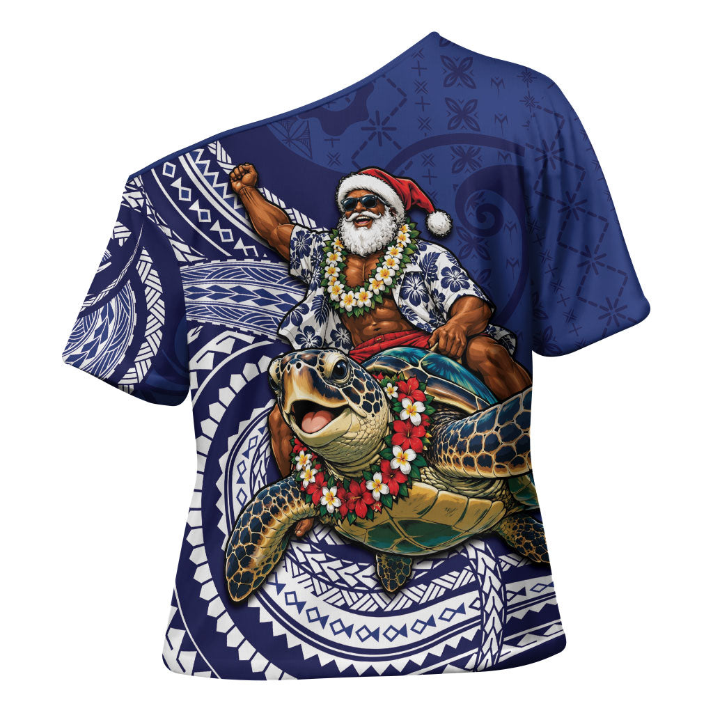 Samoa Christmas Cross Shoulder Shirt Santa Riding Sea Turtle DT05 - Polynesian Pride