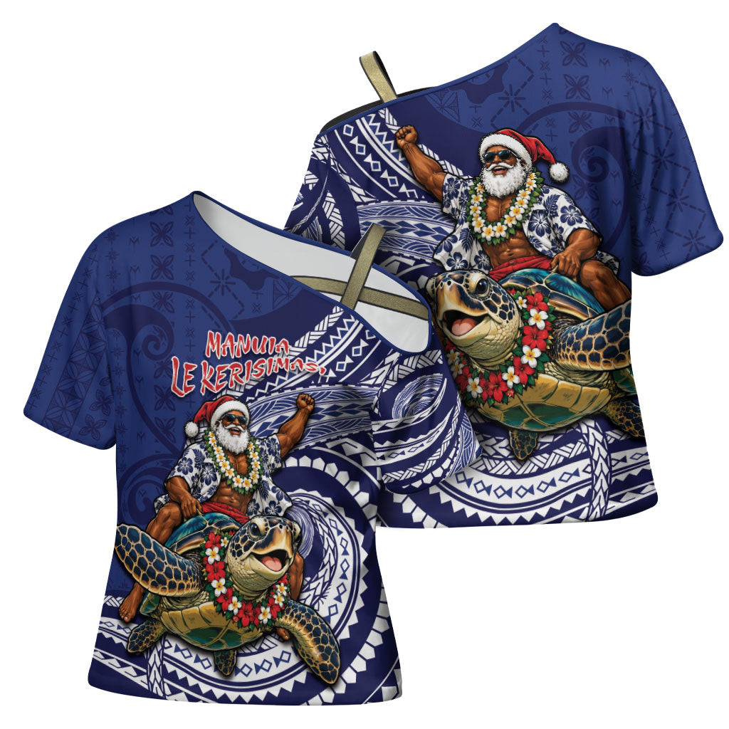 Samoa Christmas Cross Shoulder Shirt Santa Riding Sea Turtle DT05 - Polynesian Pride