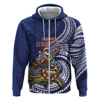 Samoa Christmas Hoodie Santa Riding Sea Turtle DT05 Zip Hoodie Navy - Polynesian Pride
