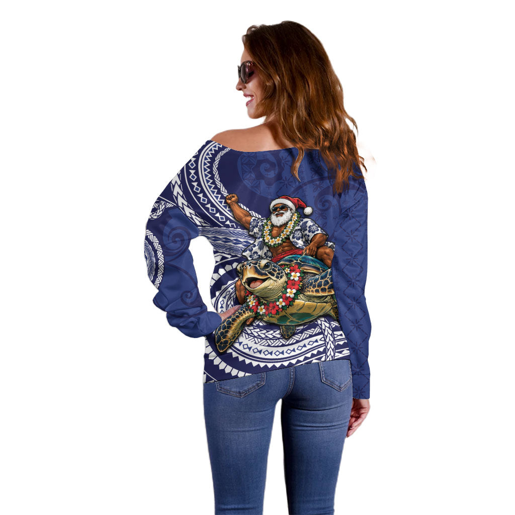 Samoa Christmas Off Shoulder Sweater Santa Riding Sea Turtle DT05 - Polynesian Pride