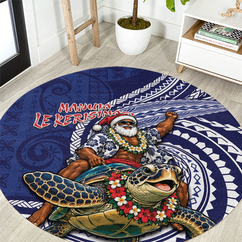 Samoa Christmas Round Carpet Santa Riding Sea Turtle DT05 Navy - Polynesian Pride
