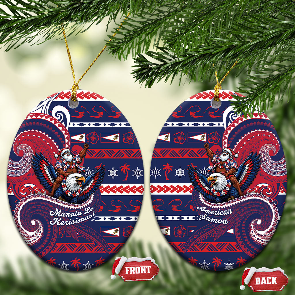 American Samoa Christmas Ceramic Ornament Santa Riding Bald Eagle DT05 Oval Navy - Polynesian Pride