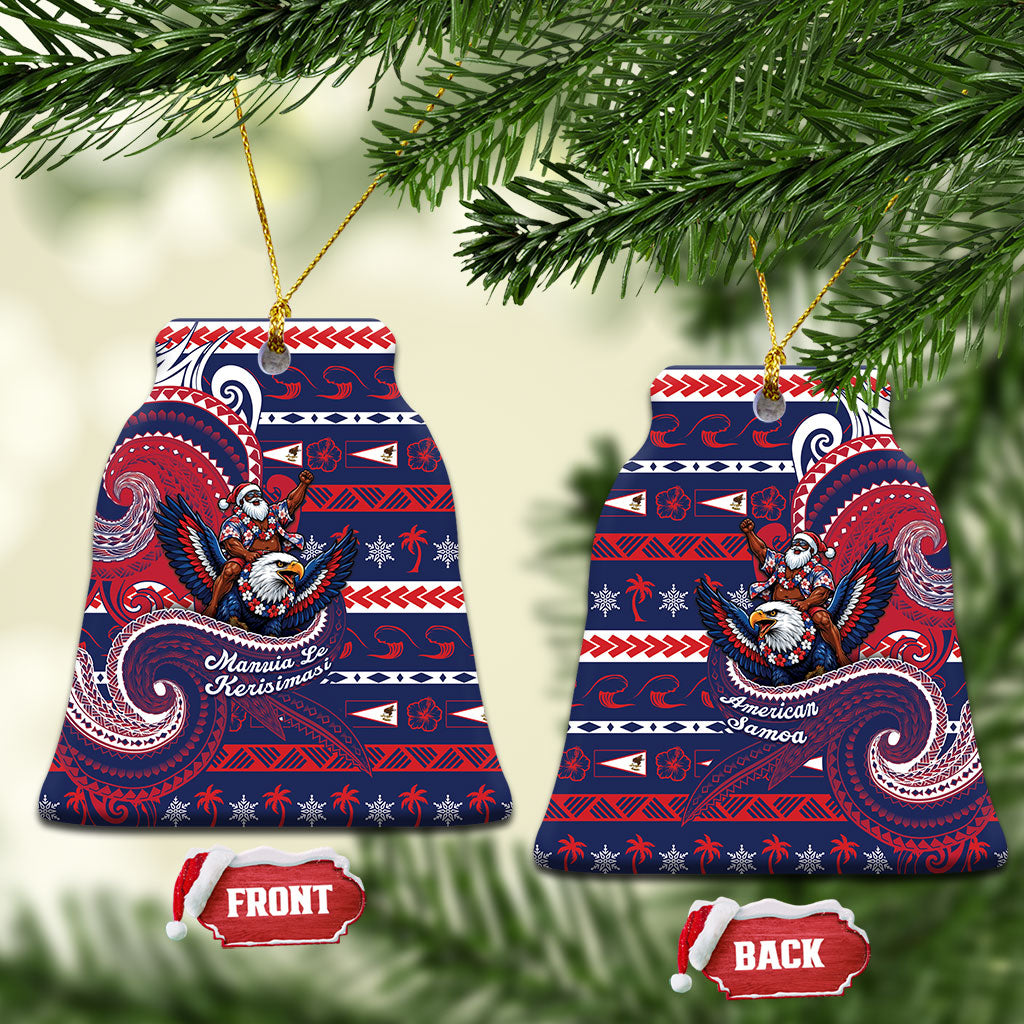 American Samoa Christmas Ceramic Ornament Santa Riding Bald Eagle DT05 Bell Flake Navy - Polynesian Pride