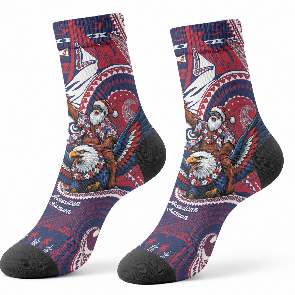 American Samoa Christmas Crew Socks Santa Riding Bald Eagle DT05 - Polynesian Pride
