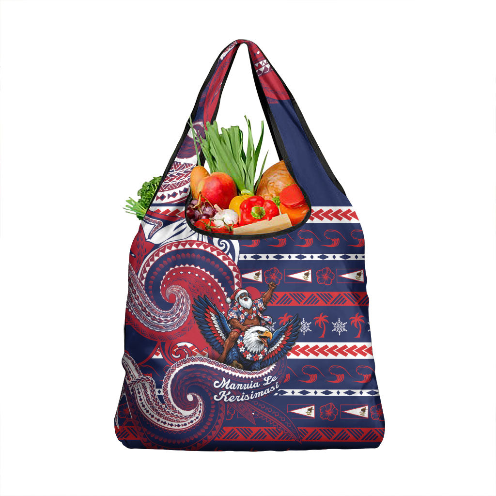 American Samoa Christmas Grocery Bag Santa Riding Bald Eagle DT05 1-pack One Size Navy - Polynesian Pride