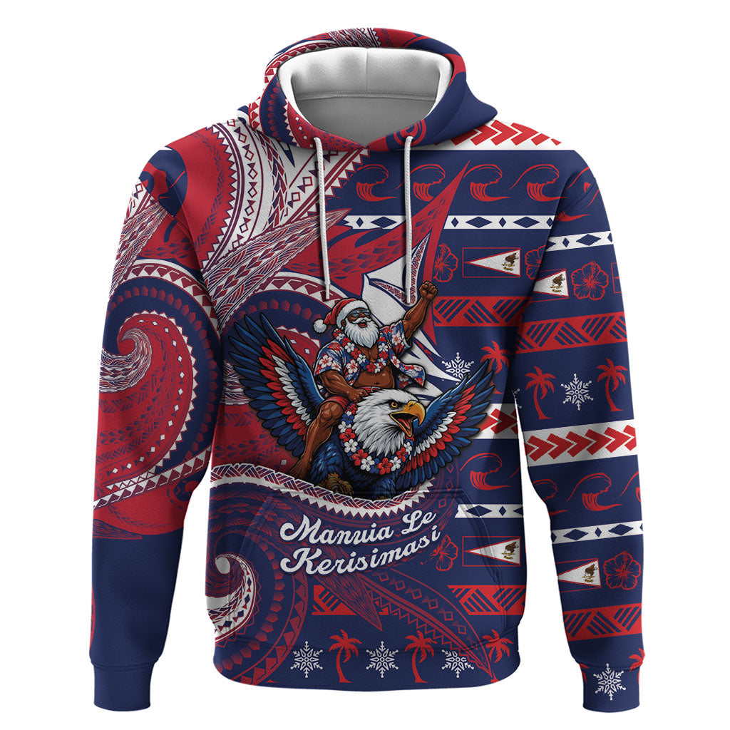 American Samoa Christmas Hoodie Santa Riding Bald Eagle DT05 Pullover Hoodie Navy - Polynesian Pride