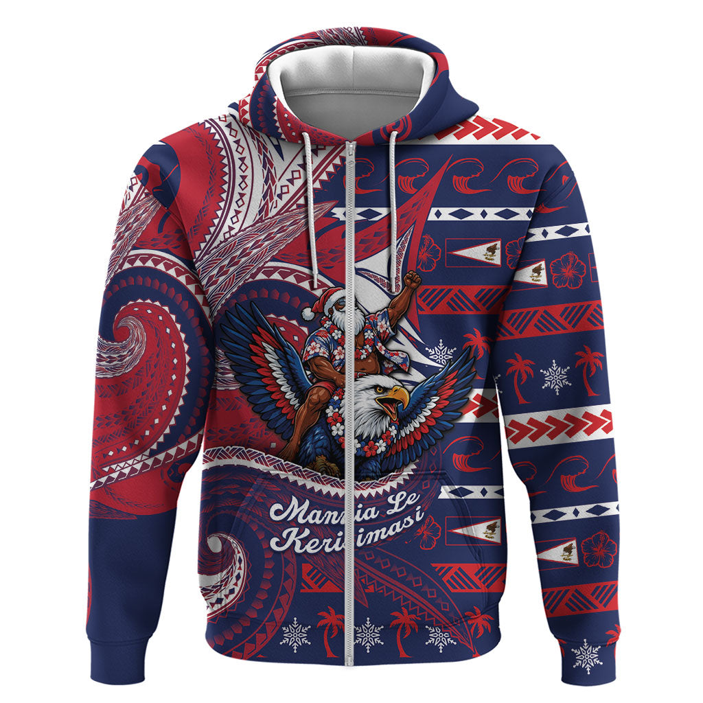 American Samoa Christmas Hoodie Santa Riding Bald Eagle DT05 Zip Hoodie Navy - Polynesian Pride