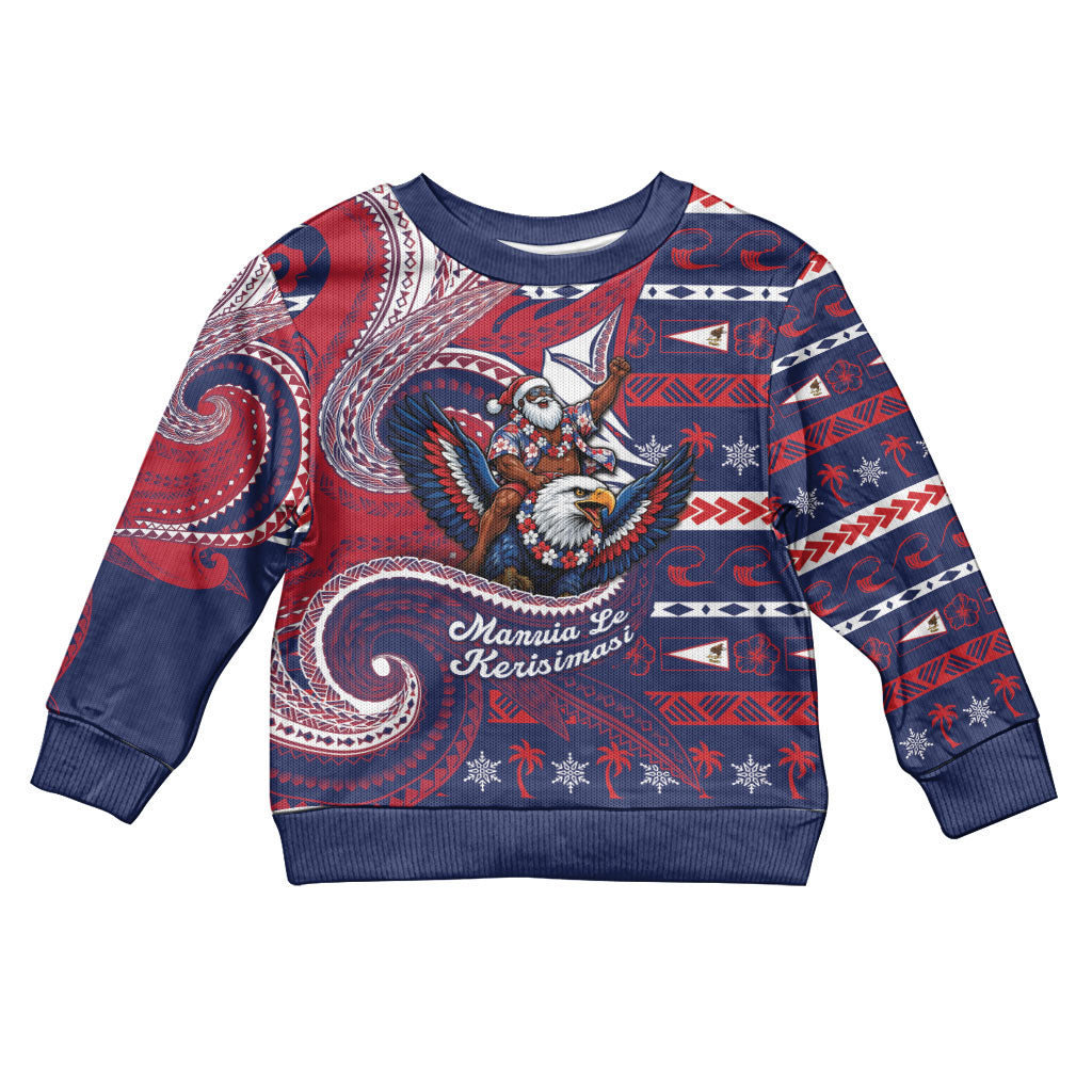 American Samoa Christmas Kid Ugly Christmas Sweater Santa Riding Bald Eagle DT05 Kid Navy - Polynesian Pride