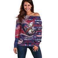 American Samoa Christmas Off Shoulder Sweater Santa Riding Bald Eagle DT05 Women Navy - Polynesian Pride