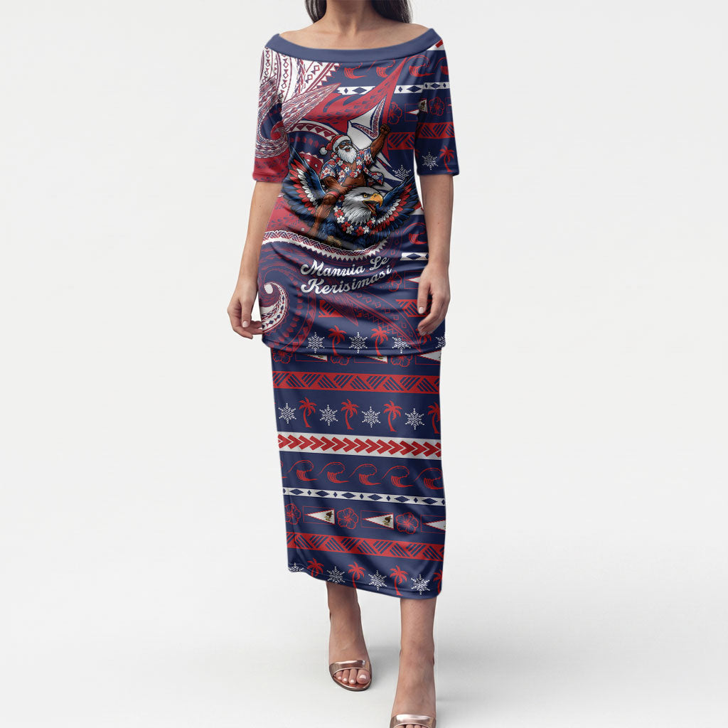 American Samoa Christmas Puletasi Santa Riding Bald Eagle DT05 Long Dress Navy - Polynesian Pride