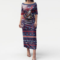 American Samoa Christmas Puletasi Santa Riding Bald Eagle DT05 Long Dress Navy - Polynesian Pride