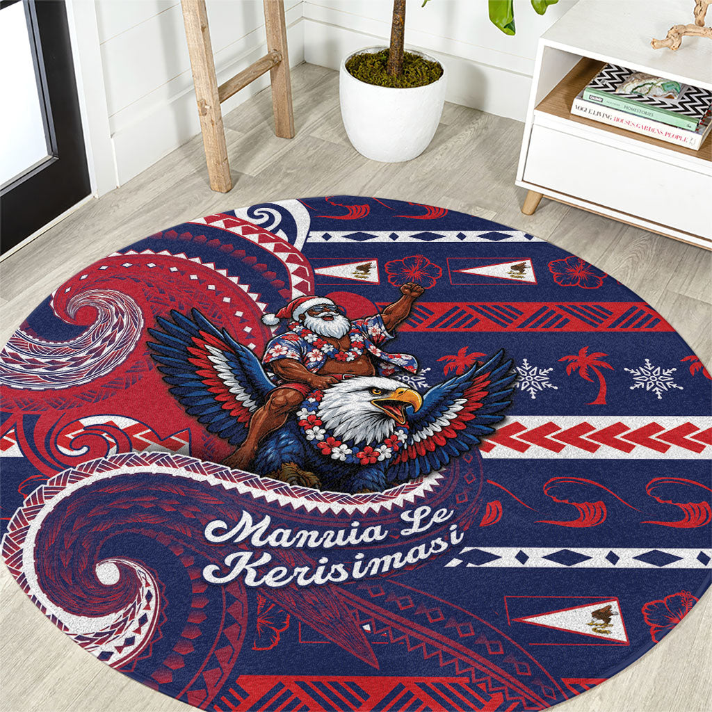 American Samoa Christmas Round Carpet Santa Riding Bald Eagle DT05 Navy - Polynesian Pride