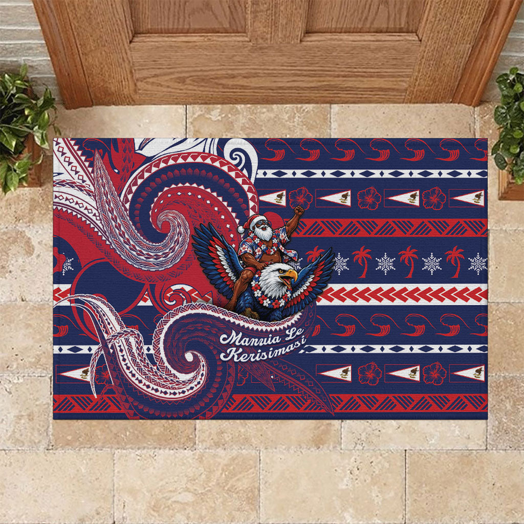 American Samoa Christmas Rubber Doormat Santa Riding Bald Eagle DT05 Navy - Polynesian Pride