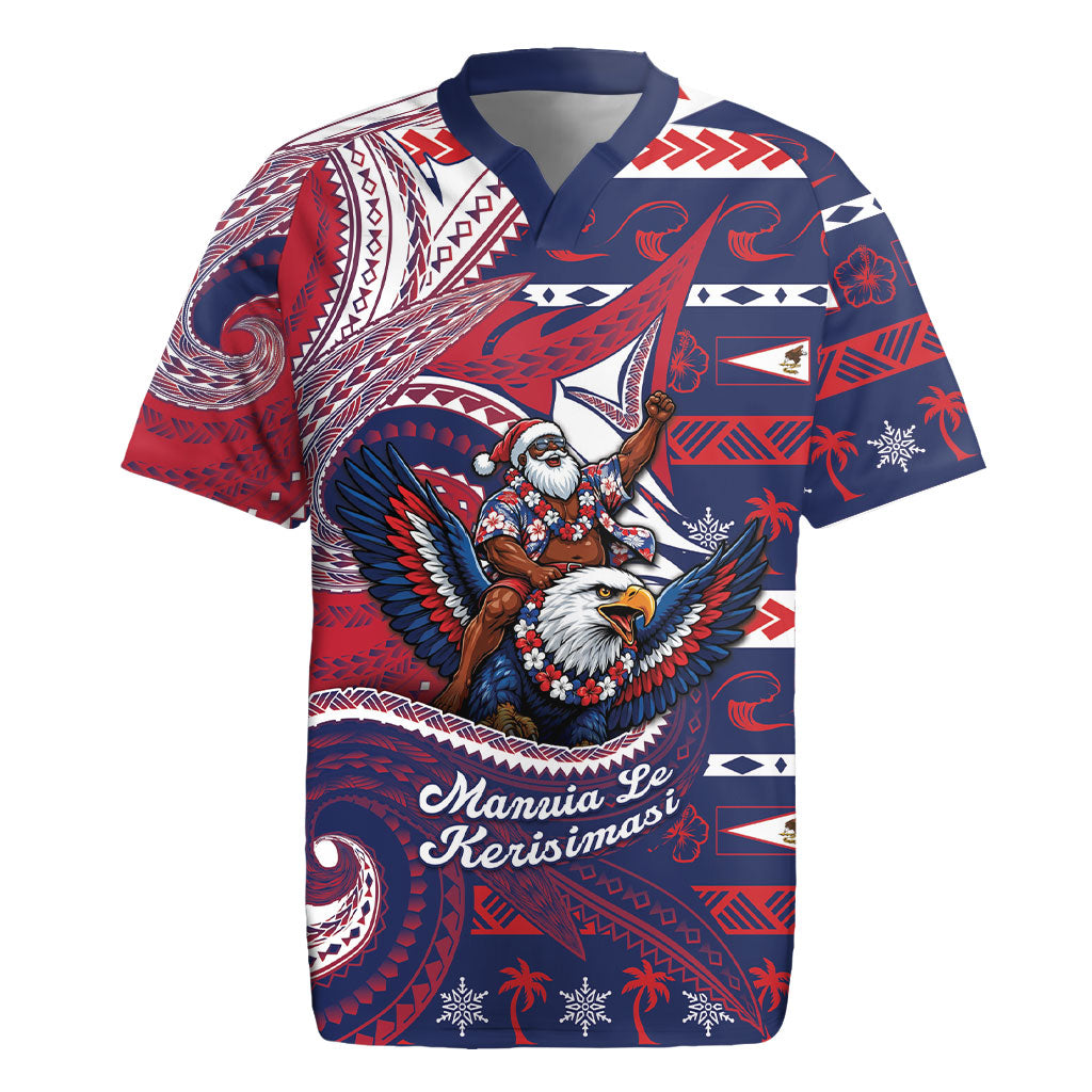 American Samoa Christmas Rugby Jersey Santa Riding Bald Eagle DT05 Navy - Polynesian Pride