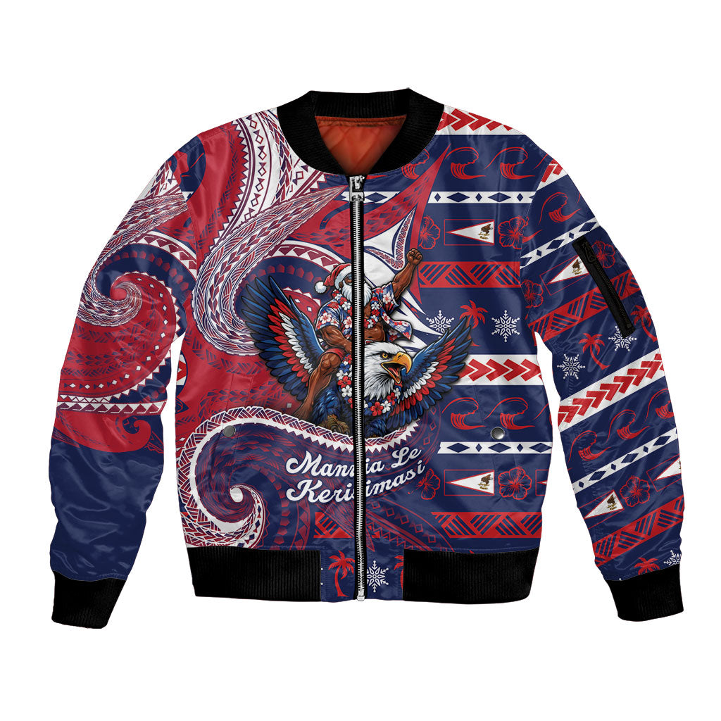 American Samoa Christmas Sleeve Zip Bomber Jacket Santa Riding Bald Eagle DT05 Unisex Navy - Polynesian Pride