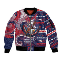 American Samoa Christmas Sleeve Zip Bomber Jacket Santa Riding Bald Eagle DT05 Unisex Navy - Polynesian Pride