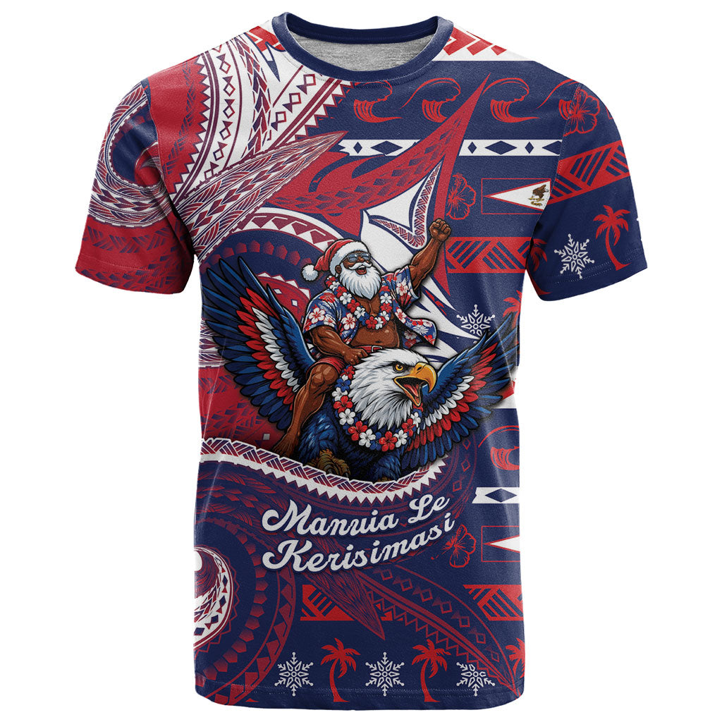 American Samoa Christmas T Shirt Santa Riding Bald Eagle DT05 Navy - Polynesian Pride
