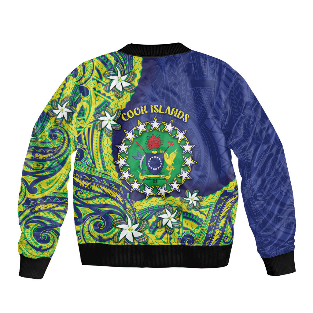 Cook Islands Language Week Bomber Jacket Flying Fish 15 Stars Tribal Patterns