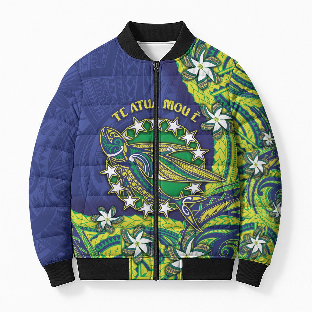 Cook Islands Language Week Bomber Puffer Jacket Flying Fish 15 Stars Tribal Patterns