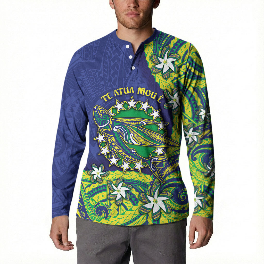 Cook Islands Language Week Button Sweatshirt Flying Fish 15 Stars Tribal Patterns