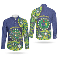 Cook Islands Language Week Couples Matching Long Sleeve Bodycon Dress and Long Sleeve Button Shirt Flying Fish 15 Stars Tribal Patterns