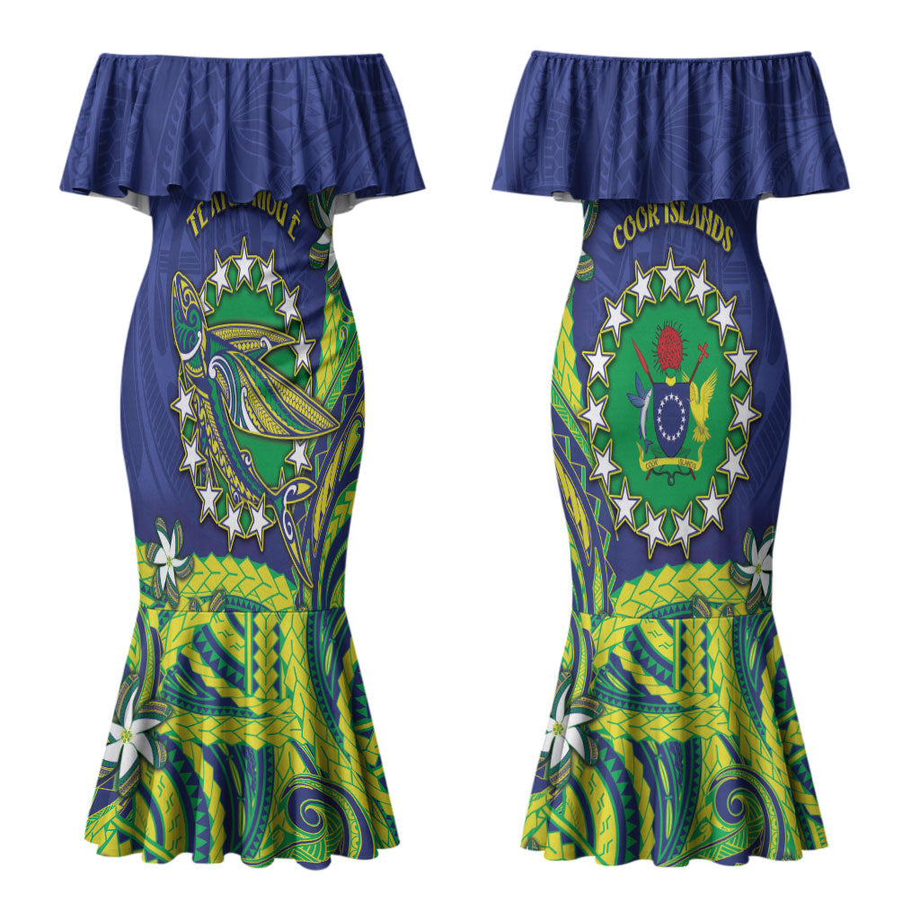 Cook Islands Language Week Couples Matching Mermaid Dress and Hawaiian Shirt Flying Fish 15 Stars Tribal Patterns