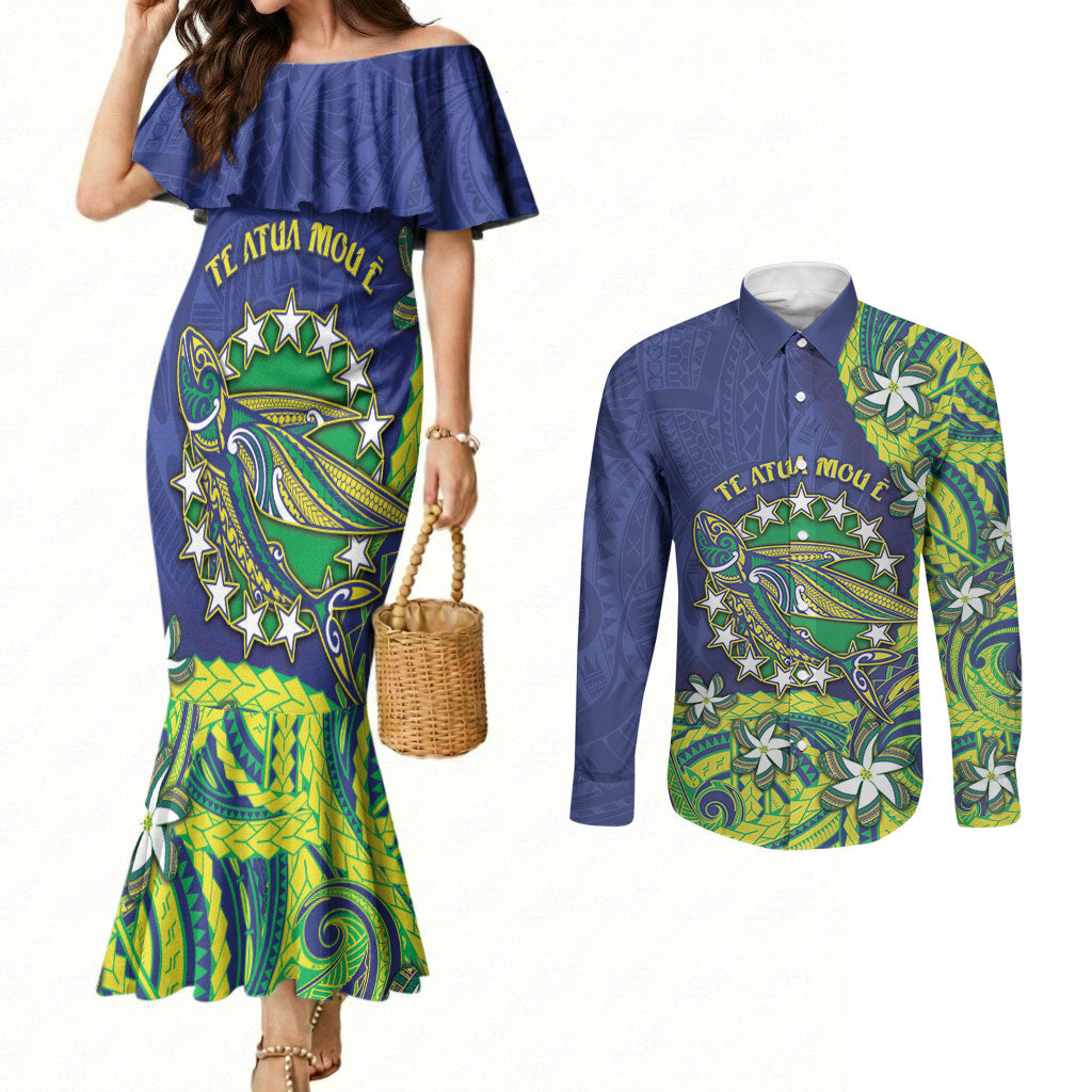 Cook Islands Language Week Couples Matching Mermaid Dress and Long Sleeve Button Shirt Flying Fish 15 Stars Tribal Patterns