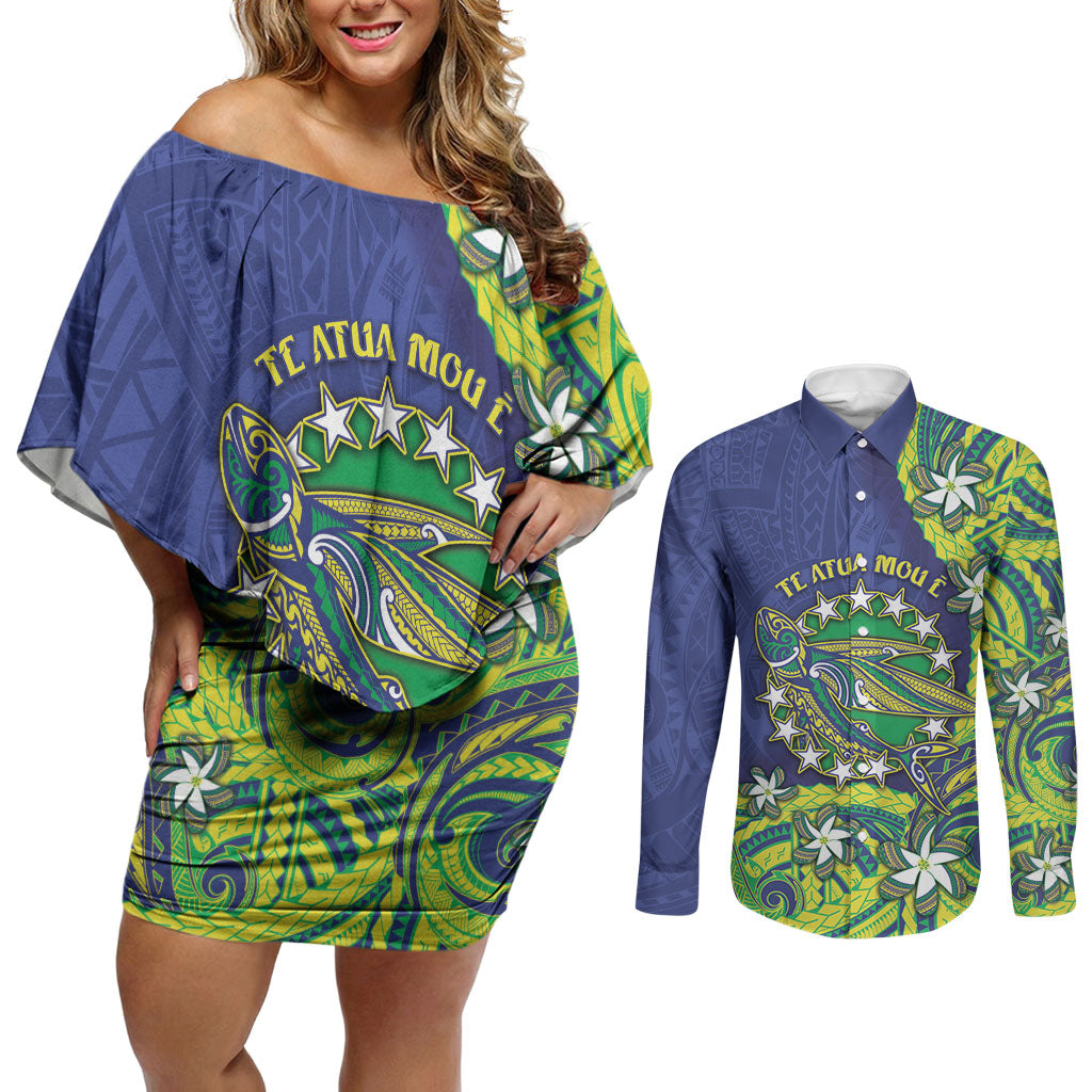 Cook Islands Language Week Couples Matching Off Shoulder Short Dress and Long Sleeve Button Shirt Flying Fish 15 Stars Tribal Patterns DT05 Green - Polynesian Pride