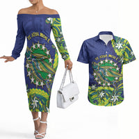 Cook Islands Language Week Couples Matching Off The Shoulder Long Sleeve Dress and Hawaiian Shirt Flying Fish 15 Stars Tribal Patterns